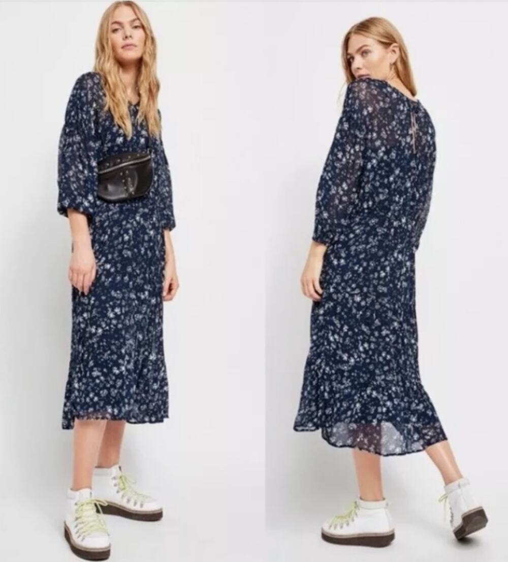Free People Midi Tiered Floral Gauzy fully lined Dress Blue Cottage core Sz S